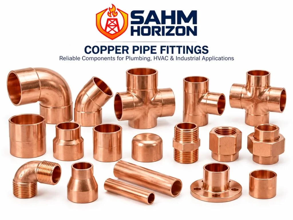 Copper pipe fittings: elbows, tees, crosses, couplings, reducers, adapters, unions and flanged connections