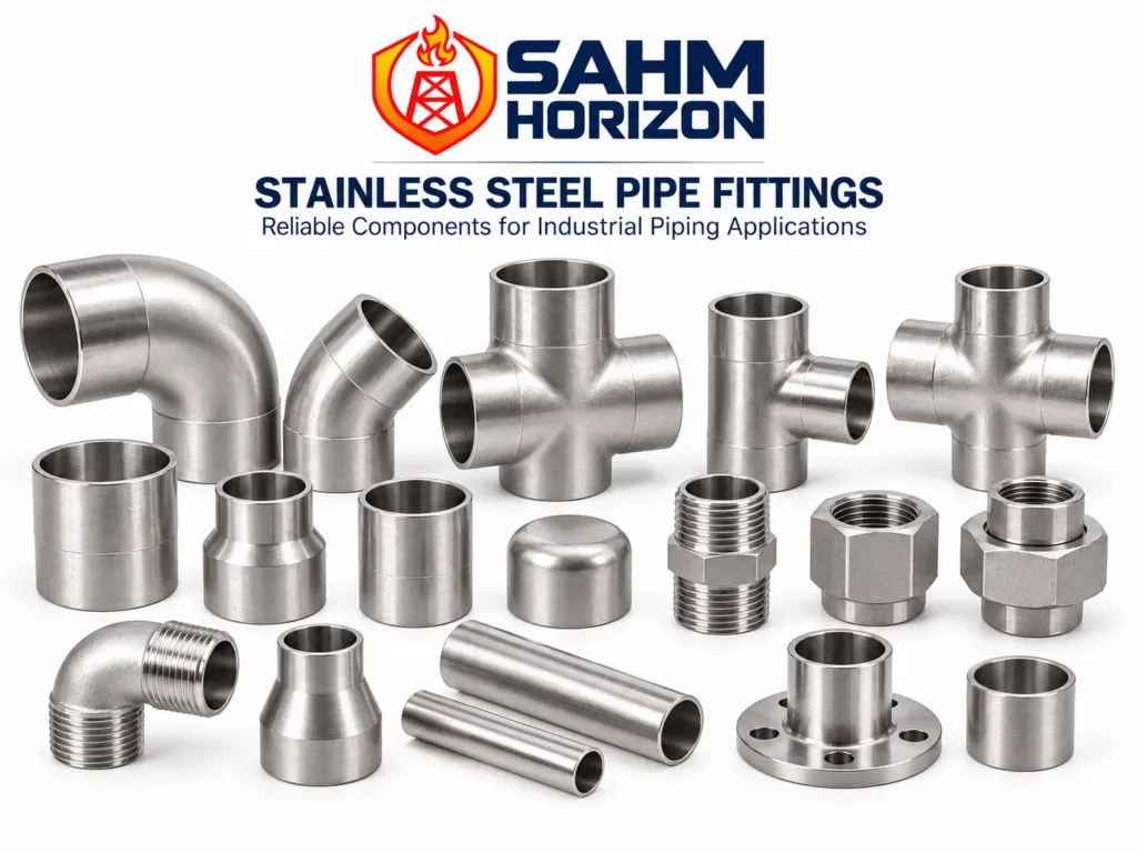 Stainless steel pipe fittings: elbows, tees, crosses, couplings, reducers, caps, adapters, unions and a flanged connection